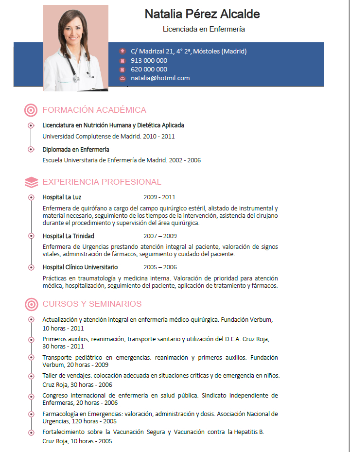 Curriculum de médicos o enfermeras. Plantillas de CV para hospitales